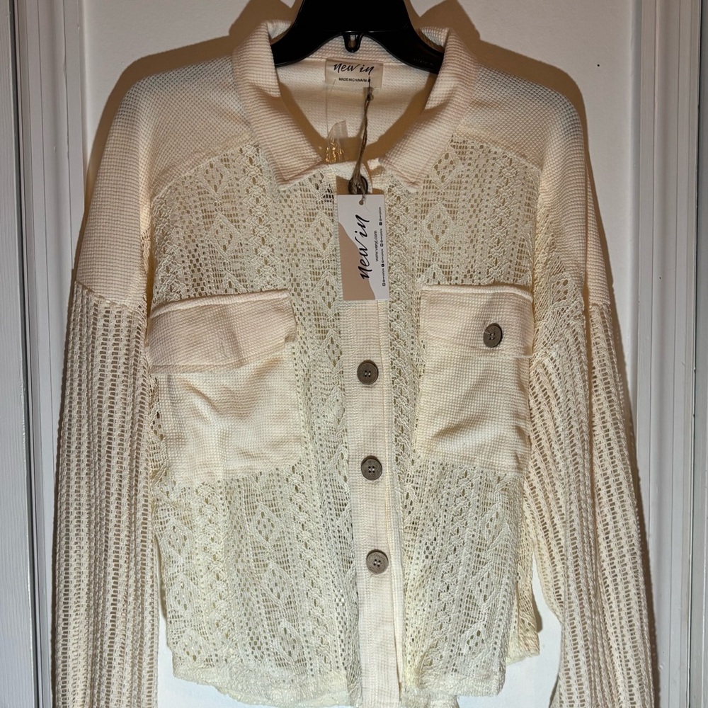 New In, VeryJ Cream Button-Up Lace Cardigan